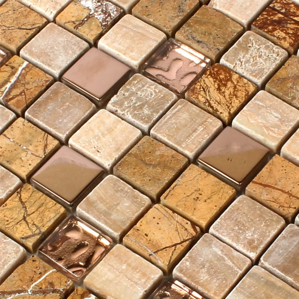 Muster von Mosaikfliesen Glas Naturstein Edelstahl Braun Mix