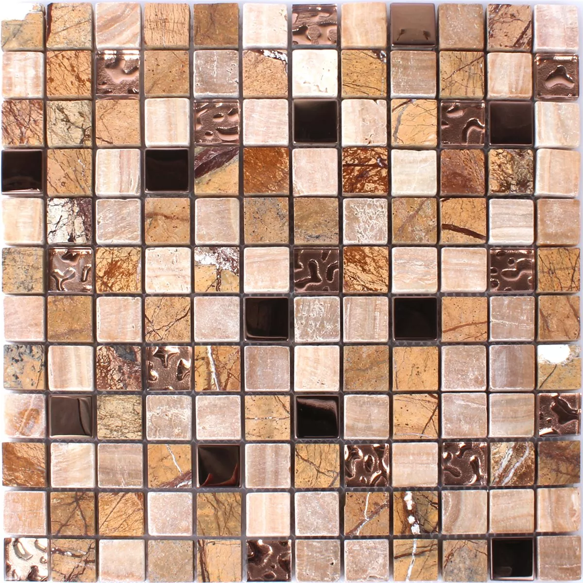 Muster von Mosaikfliesen Glas Naturstein Edelstahl Braun Mix