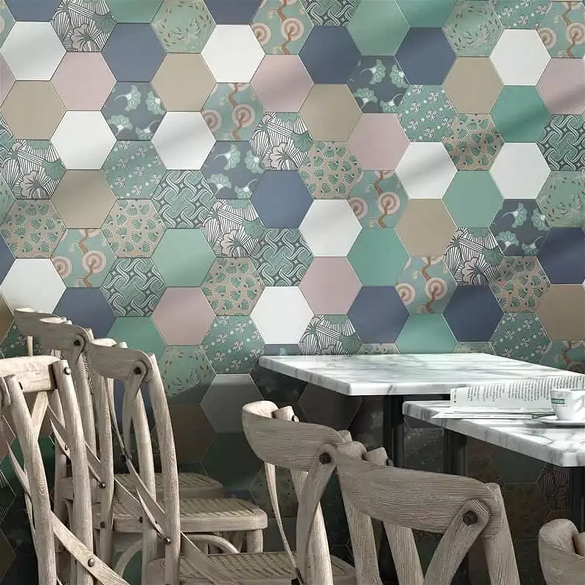 Muster von Feinsteinzeug Fliesen Modena Hexagon Uni Sand