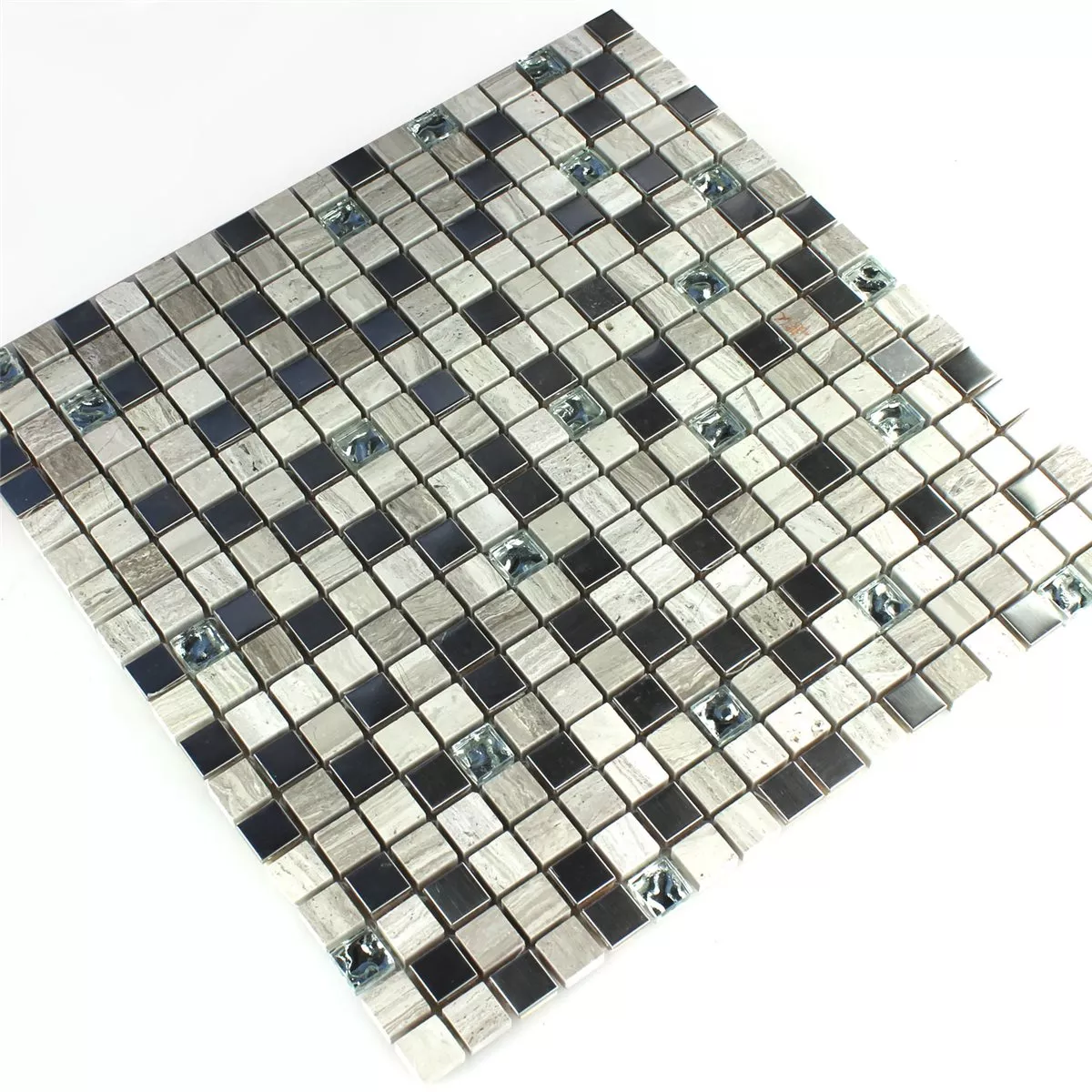 Mosaikfliesen Glas Sandstein Edelstahl Grau 15x15x8mm