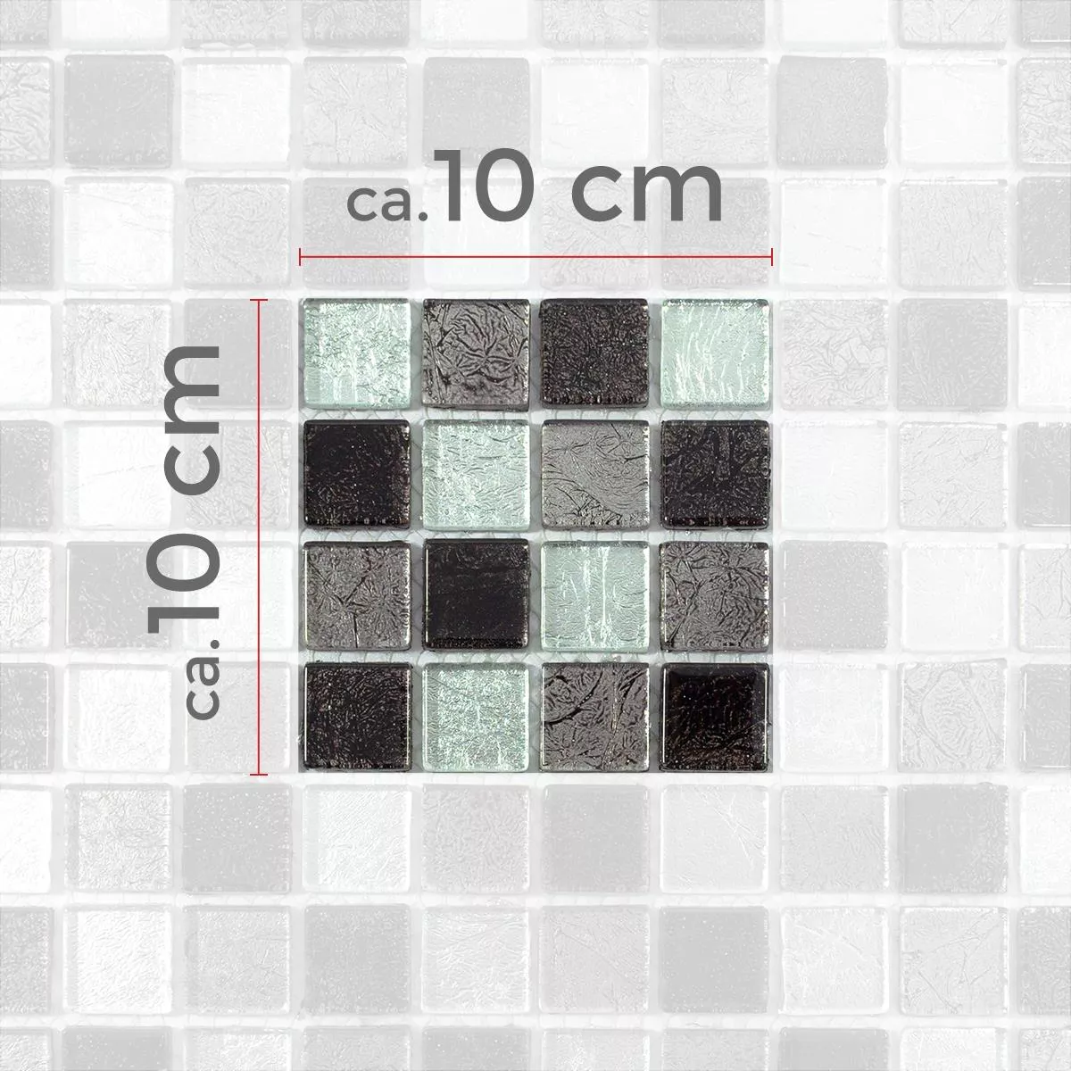 Muster von Mosaikfliesen Glas Bonnie Crystal Struktur Schwarz Silber Grau
