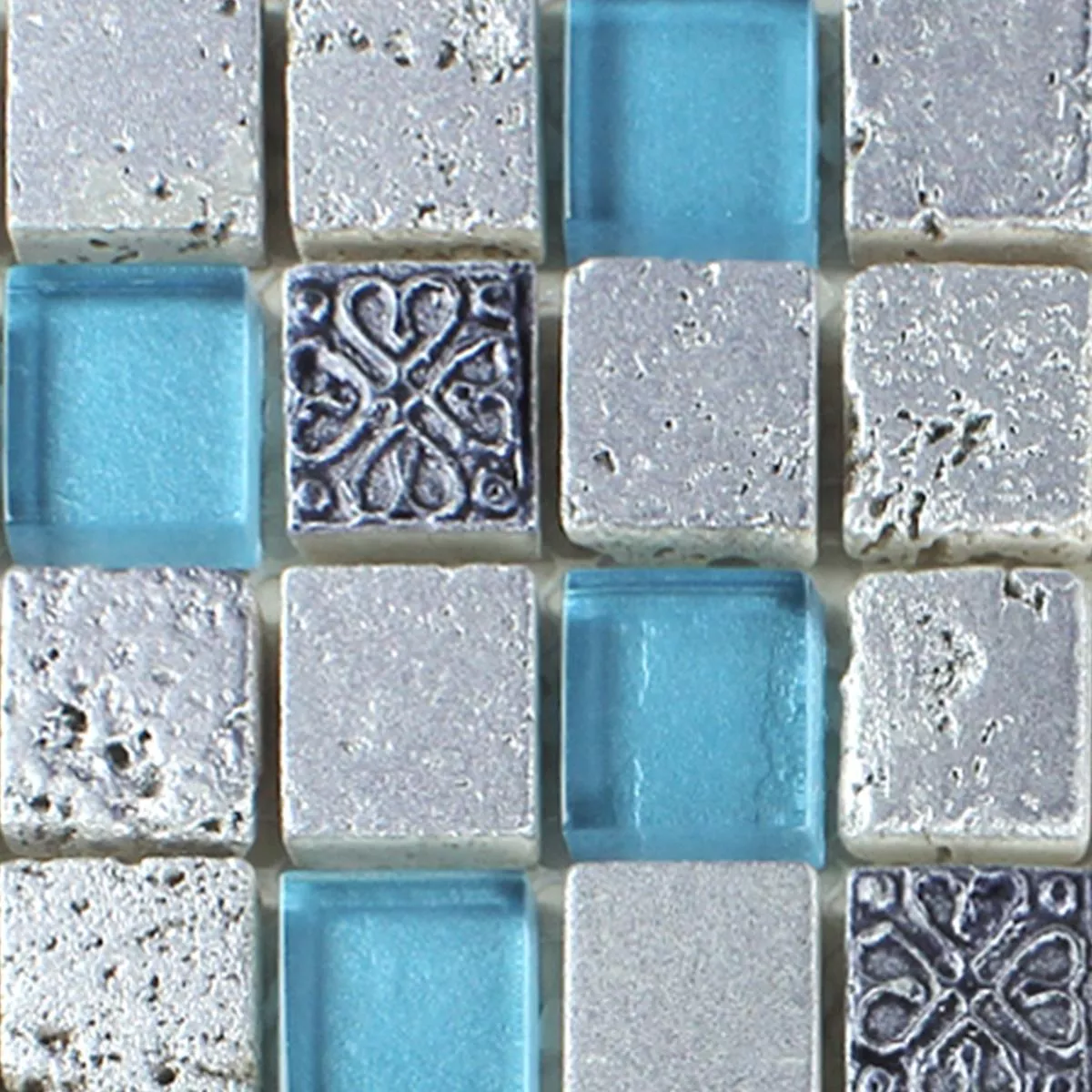 Muster von Mosaikfliesen Glas Resin Stein Mix Blau Silber