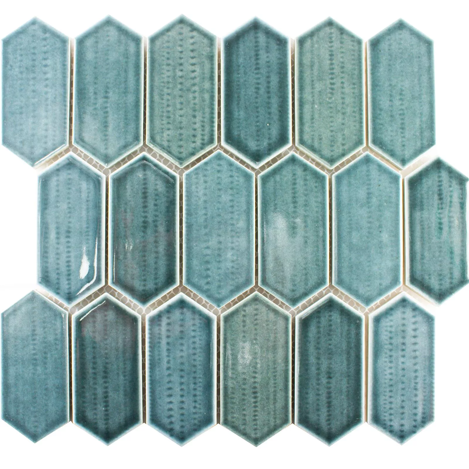 Muster von Keramik Mosaikfliesen McCook Hexagon Lang Blau Grau