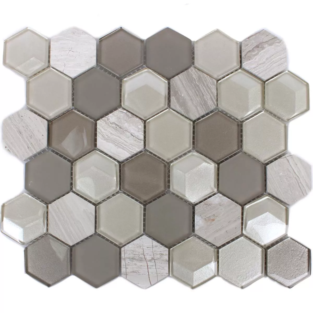 Mosaikfliesen Hexagon Glas Naturstein Hellgrau 3D