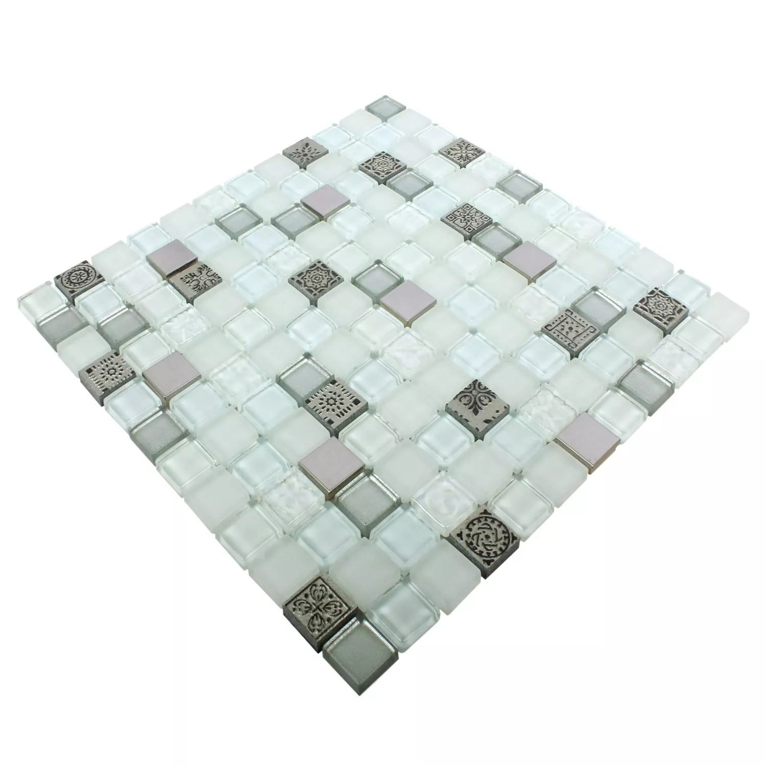 Muster von Mosaikfliesen Glas Resin Edelstahl Mix Gramos Weiss