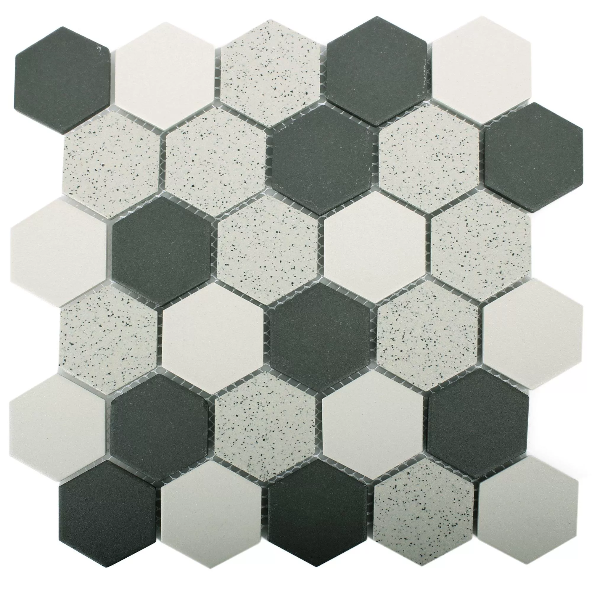 Muster von Keramik Mosaikfliesen Monforte Hexagon Schwarz Grau 