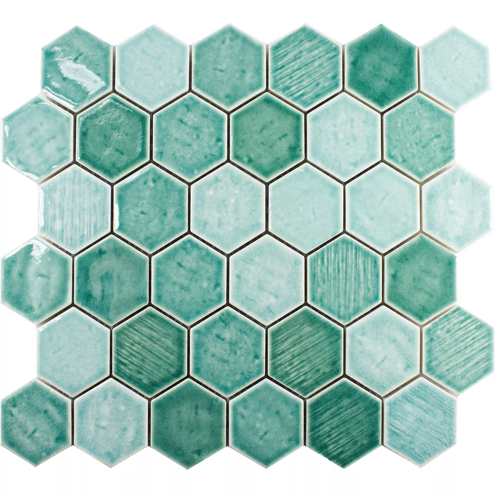 Muster von Keramik Mosaikfliese Roseburg Hexagon Glänzend Türkis