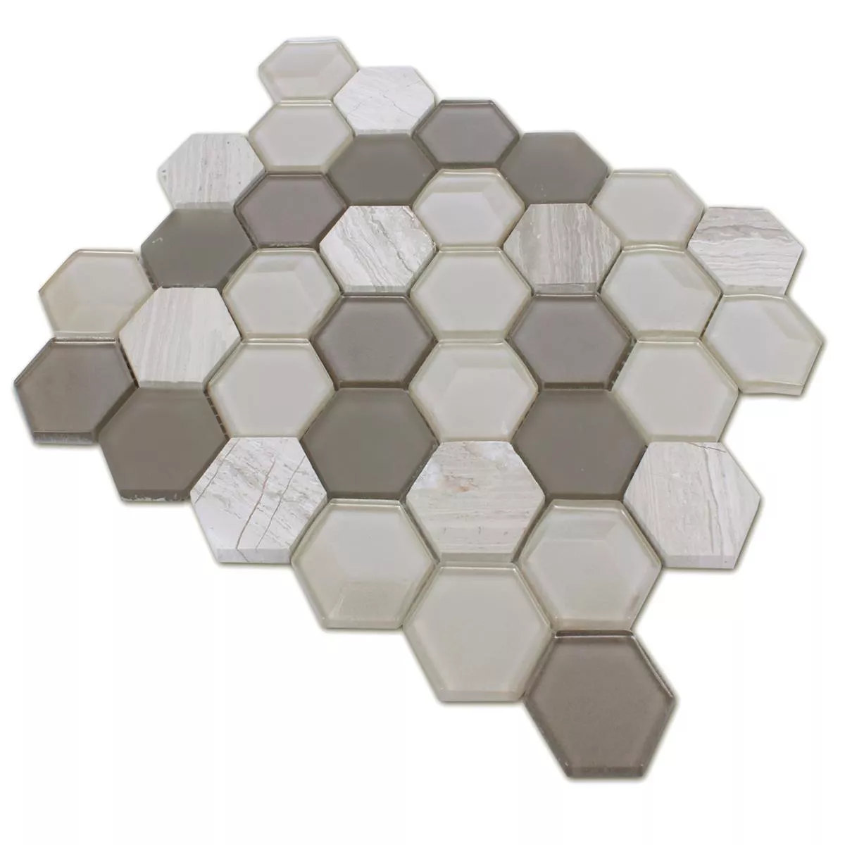 Mosaikfliesen Hexagon Glas Naturstein Hellgrau 3D