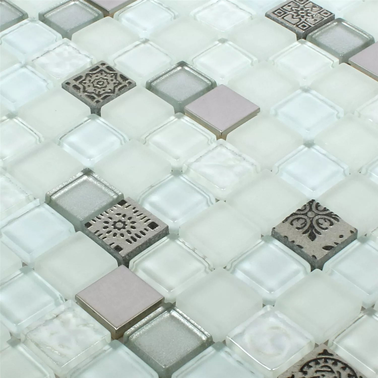 Muster von Mosaikfliesen Glas Resin Edelstahl Mix Gramos Weiss