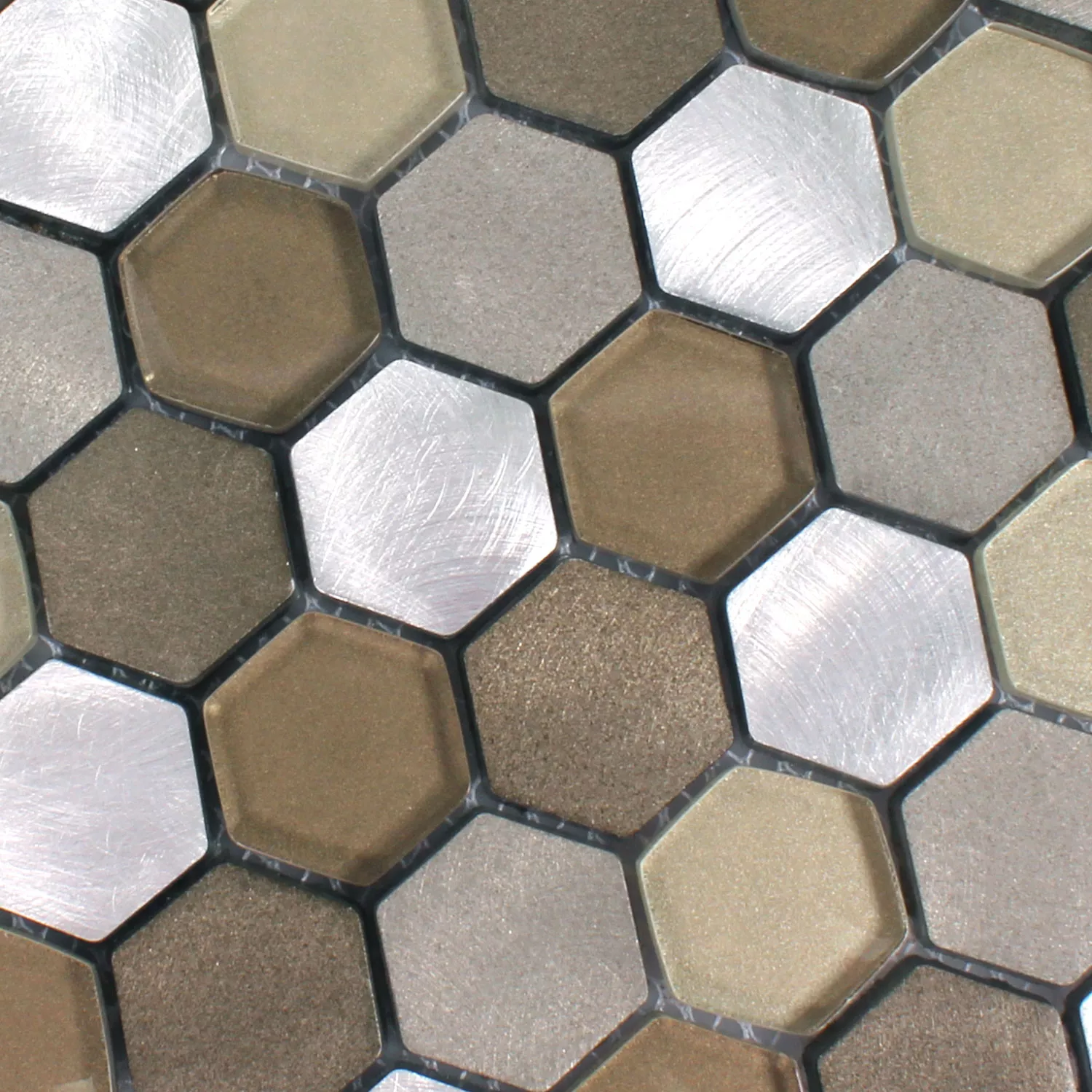 Muster von Mosaikfliesen Glas Alu Angela Hexagon Braun Silber