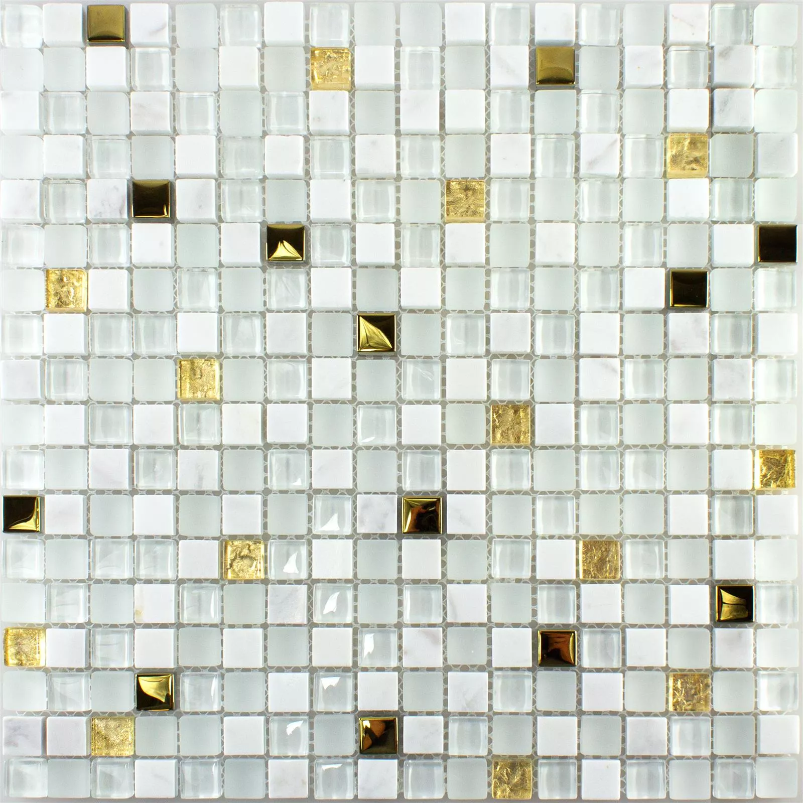 Muster von Glas Naturstein Mosaikfliese Maryot Weiss Gold