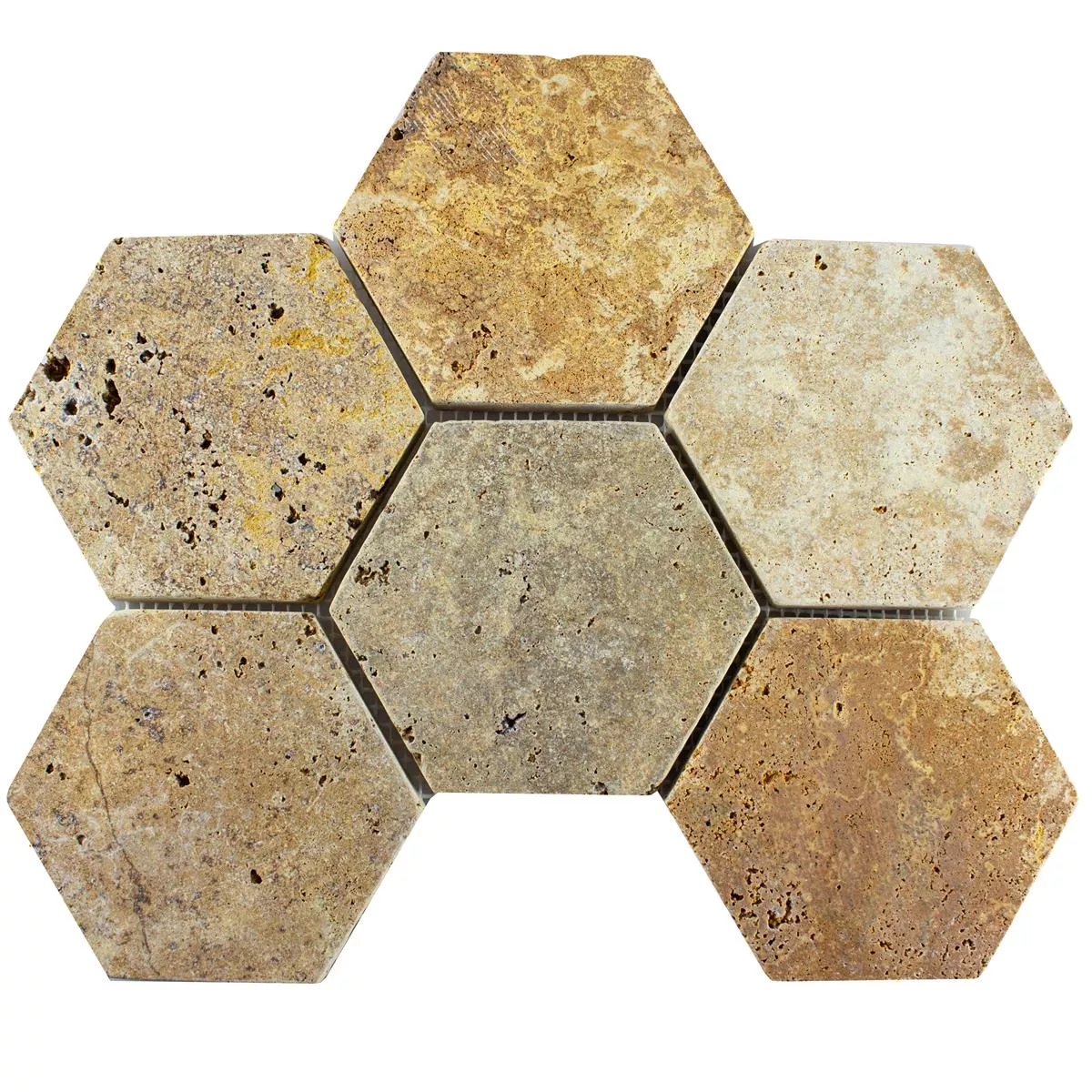 Muster von Travertin Naturstein Mosaikfliesen Mercado Sechseck Gold