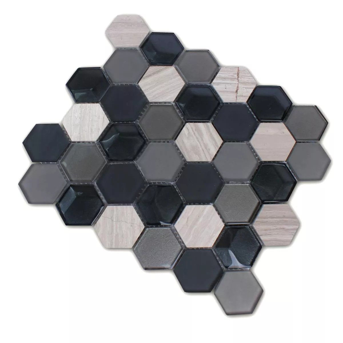Muster von Mosaikfliesen Hexagon Glas Naturstein Schwarz Grau 3D